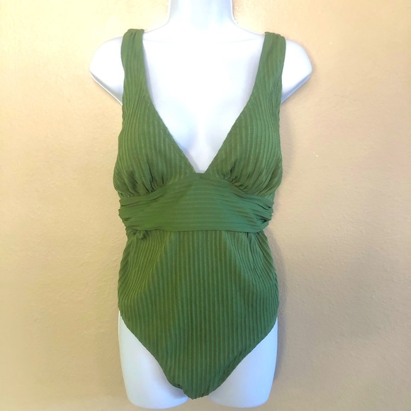 Cupshe Green Ribbed Plunge Neckl Rushed Twist Back Detail One Piece Swimsuit XL - Picture 1 of 14